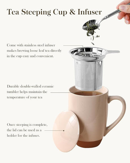 MALACASA Ceramic Tea Mug with Lid and Stainless Steel Infuser, 18 oz Large Tea Cup for Loose Leaf Tea, Heat-Resistant, Microwave & Dishwasher Safe, Speckled Glaze Coffee & Tea Brewer Mug, Khaki Pink
