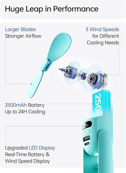 JISULIFE Portable Handheld Fan, 3 In 1-Fan, Power Bank, Flashlight, Cyan | Mini Cooling Essential for Outdoor, Small, On-the-Go Pocket Hand Design, 24 Hours, Auto Shut-Off Safety Soft Blade