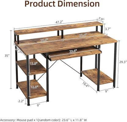 VERMESS 48Inch Computer Desk, Home Office Desks with Keyboard Tray, Gaming Desk with CPU Stand Shelf,Industrial Study Table Wide Writing Desk with Storage Shelves for 2 Monitors, Rustic Brown