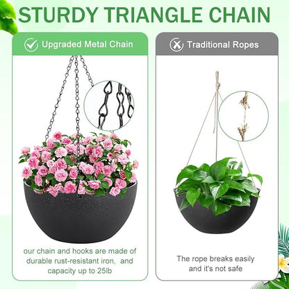 10 inch Hanging Planters for Indoor Plants, 2 Pack Planters for Outdoor Plants with Drainage Holes and Chain, Round Plastic Hanging Baskets, Hanging Flower Pots for Balcony Garden Decor-Black