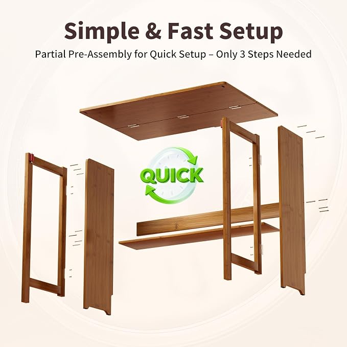 Folding Desk for Small Spaces, Bamboo Foldable Desk with Storage, Brown | Small Computer Desk with Bookshelf, Mid Century, Fold Out，Compact Size, for Bedroom, Living Room, Apartment, Home Office