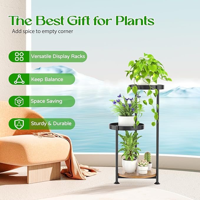 3 Tier Plant Stand Indoor Outdoor, Corner Tierd Metal Flower Shelf Pot Holder Clearance, Tall Multiple Plants Rack Narrow Display Organizer for Patio Orchid Office Porch Living Room Garden,Black