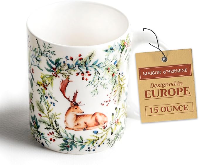 Maison d' Hermine Coffee Mug with Handles Tea Cups (15 Ounce, Pack of 1) | Fine Bone China Coffee Mugs for Hot Beverages Cappuccino Latte Home Restaurant Hotel Spring Summer -Holly Time - Cerf