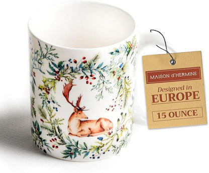 Maison d' Hermine Coffee Mug with Handles Tea Cups (15 Ounce, Pack of 1) | Fine Bone China Coffee Mugs for Hot Beverages Cappuccino Latte Home Restaurant Hotel Spring Summer -Holly Time - Cerf