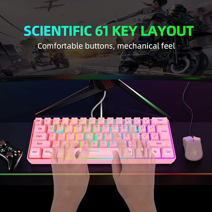 Snpurdiri 60% Wired Gaming Keyboard, 61 Keys RGB Backlit Ultra-Compact Mini Gaming Keyboard for PC/Mac Gamer, Typist, Travel, Easy to Carry on Business Trip(Pink) | Backlit Ultra-Compact Mini Gaming Keyboard for PC/Mac Gamer, Typist, Travel, Easy to Ca...
