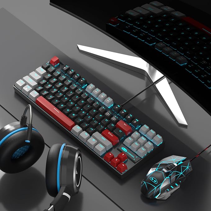 MageGee 75% Mechanical Gaming Keyboard, Red Switch, LED Blue Backlit, 87 Keys Compact TKL Wired Computer Keyboards for Windows Laptop PC Gamer - Black/Grey