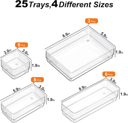 SMARTAKE 25 PCS Drawer Organizer, 4-Size Desk Drawer Organizer Trays | Storage Tray with Non-Slip Silicone Pads for Makeup, Jewelries, Utensils in Bedroom Dresser, Office and Kitchen (Clear)