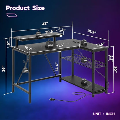 Bestier 42-Inch L-Shaped Gaming Desk with Charging & LED, Marble Black | Charging 2AC+USB+Type-C, RGB LED 7 Colors/20 Modes, Reversible Shelves, 3D Carbon Fiber, Headphone Hook, Small Space