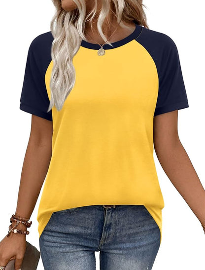WIHOLL Womens Summer Tops Color Block Short Sleeve Raglan Shirts Spring Fashion Clothes Vacation Outfits
