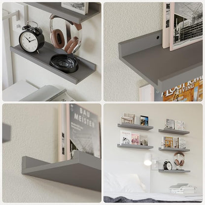 RICHER HOUSE Mounted Shelves for Wall Decor, Modern Picture Ledge Shelf with Lip for Wall Storage Nursery, Bedroom, Living Room, Bathroom - Grey | Display Picture Ledge Shelf, Anti-drop lip Shelf for Room Wall Decor, Bedroom Bathroom Storage Nursery Bo...