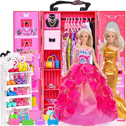 ebuddy 105 Pcs Doll and Closet Plyaset- Wardrobe Set Including One Doll,Wardrobe, Shoes Rack, Dress, Shoes Hangers, Necklace