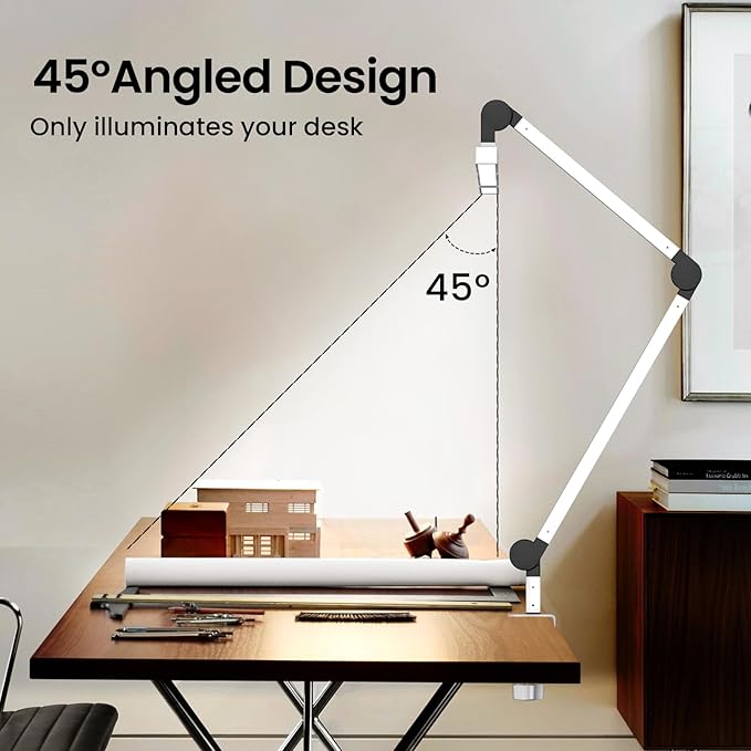 Led Desk Lamp for Home Office, Ultra Bright Touch-Dimming Architect Table Lamp with Clamp, 24W Adjustable Foldable Three Swing Arm Eyecare Led Desk Light with Infrared Sensor -White