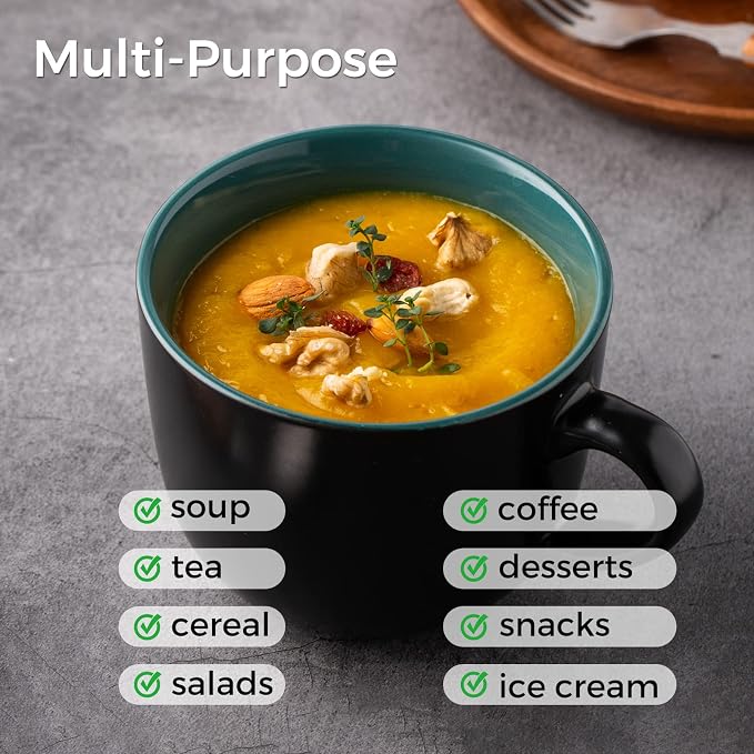 GBhome Jumbo Soup Mugs with Handles, 24 Oz Large Coffee Mugs Set of 4 | Ceramic Soup bowls for Soup Cereal Snacks Salad Noodles Cups, Microwave safe - Matte Black, Green Inside