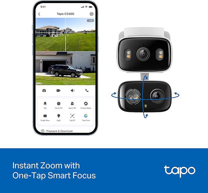 Tapo 2K Indoor/Outdoor Dual Lens Pan/Tilt Wired Security Camera - 125° Wide-Angle View + 6mm Zoom, Motion Track, Person/Vehicle Detection, Local Storage or Optional Cloud, C246D
