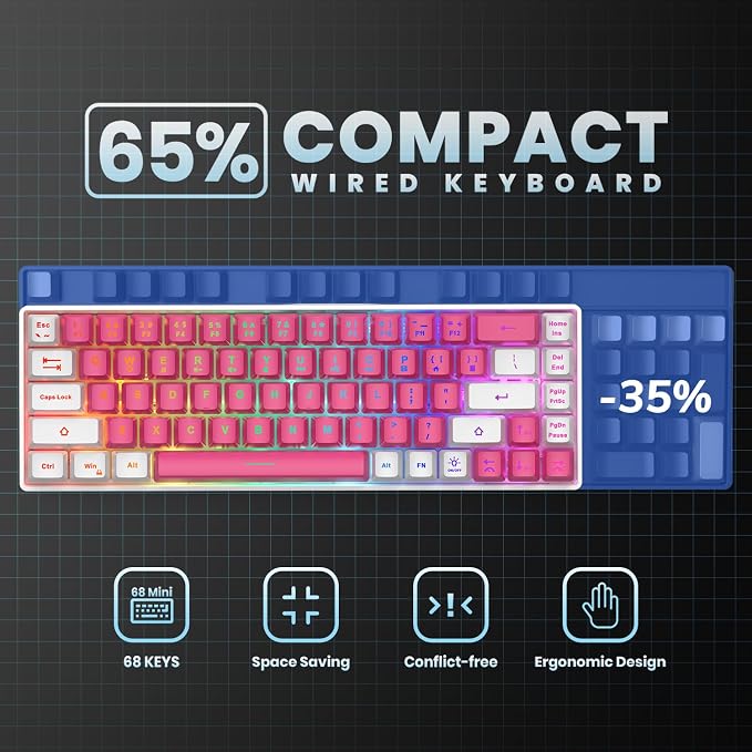 GEODMAER 65% Gaming Keyboard, LED Backlit Mini Wired Keyboard, Ultra-Compact Anti-Ghosting No-Conflict 68 Keys Membrane Gaming Wired Keyboard for PC Laptop Windows Gamer(Pink-White)