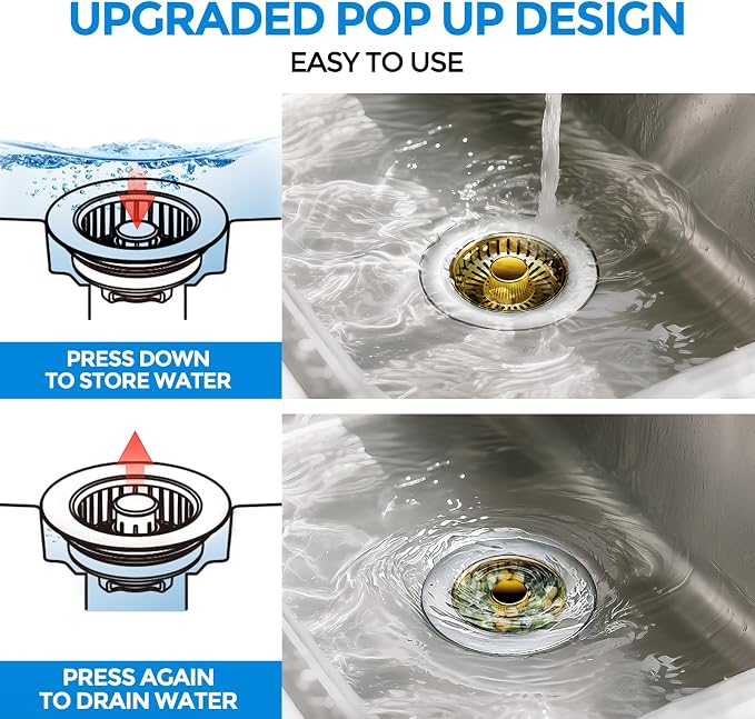 zaa 3 in 1 Kitchen Sink Drain Strainer Stopper Removable Basket Pop-Up | Kitchen Sink Accessories 1 Pack Gold Stainless - Food Catcher, Odor-Blocking Seal, Fits 3.5" Drain