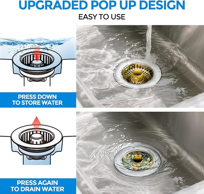 zaa 3 in 1 Kitchen Sink Drain Strainer Stopper Removable Basket Pop-Up | Kitchen Sink Accessories 1 Pack Gold Stainless - Food Catcher, Odor-Blocking Seal, Fits 3.5" Drain