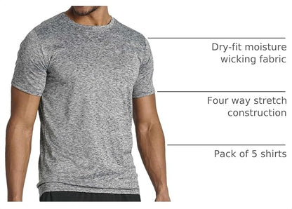 5 Pack Men's Dry Fit Short Sleeve T-Shirt Gym Workout Athletic Running Tee | Cooling, Moisture-Wicking, Crew Neck, Quick-Dry, Breathable, Active, Exercise, Fitness, Basketball, Cycling, Hiking, Tennis