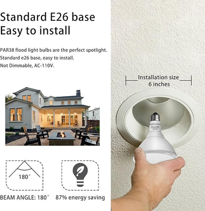 Par38 led Flood Lights Outdoor Light Bulb,Dimmable 1800LM,20W Replace up to 200W,Outdoor Flood Light Bulbs for Backyard,Garage,Porch,Garden,2 Pack 2700K Warm Light