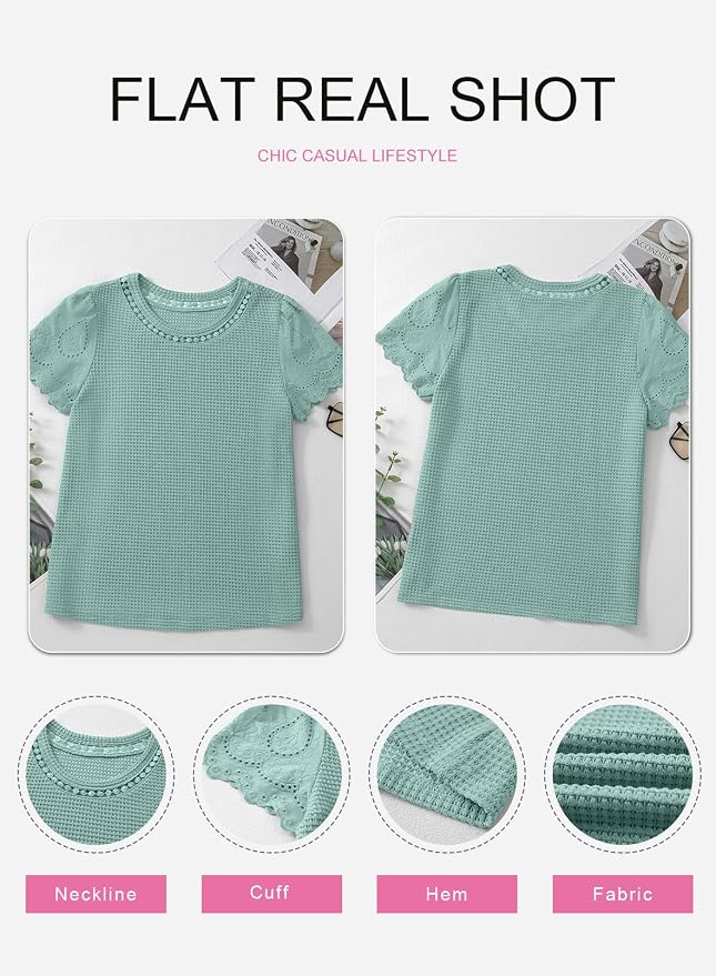 SHEWIN Womens Frenchy Summer Tops Crewneck Short Sleeve T Shirts Casual Waffle Knit Jacquard Blouses Top Shirts