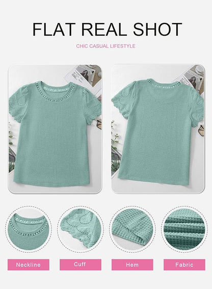 SHEWIN Womens Frenchy Summer Tops Crewneck Short Sleeve T Shirts Casual Waffle Knit Jacquard Blouses Top Shirts