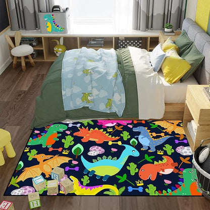 Dinosaur Rug for Boys Room Cartoon Dinosaur Area Rugs Kids Rug Dinosaur Rug Kids Play Rug Dinosaur Play Rug for Bedroom and Kidroom Playing Room,Dark Blue 4'5''×6'