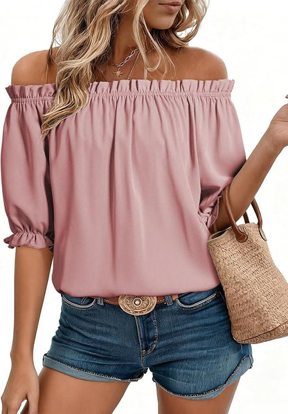 EVALESS Womens Tops Off The Shoulder Blouses for Women Dressy Casual Cute Puff Sleeve T Shirts Fashion 2026