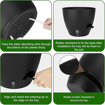 Self-Watering Plant Pots with Water Level Indicator, Drainage Holes & Saucers – 12/10/9 Inch Large Plastic Planter Set for Indoor & Outdoor Plants (Pure Black)