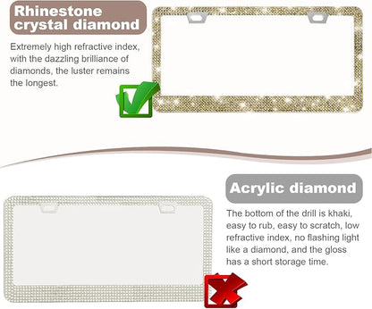QUANQIUFEI 2 Pack Bling License Plate Frames for Women, Sparkly Rhinestone Diamond Car Accessories with Glitter Crystal Caps (Gold)