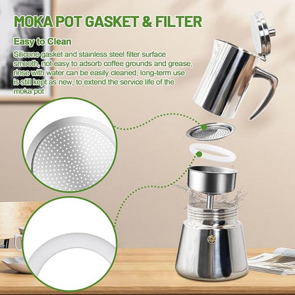 2 Pcs Filter with 3 Pcs Silicone Gasket Seals for 6 Cup Stovetop Espresso Coffee Maker Replacement Parts for 304 Stainless Steel Moka Pot