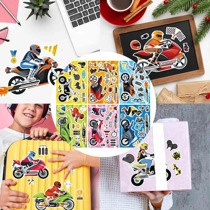 24 Sheets Motorcycle Stickers for Kids, Make a Motocross Face Sticker, Make Your Own Dirt Motobike Stickers for Kids Party Favor Birthday Party Supplies Crafts