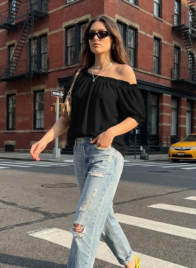 EVALESS Womens Tops Off The Shoulder Blouses for Women Dressy Casual Cute Puff Sleeve T Shirts Fashion 2026
