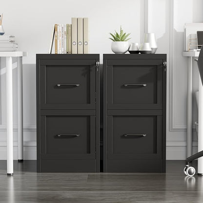 Small Metal 2-Drawer File Cabinet, Under Desk Office Cabinet, Black | Rolling, Locking, Adjustable Hanging Rail, Fit A4, FC, Letter, Hanging File Folders for Home Office Storage Organization, 2PS