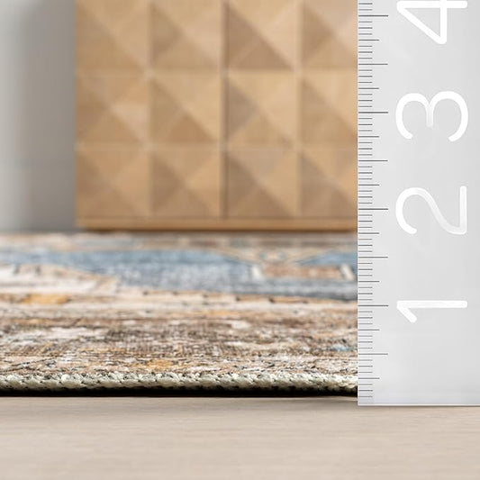 nuLOOM Gracie Distressed Medallion Machine Washable Ultra Thin Area Rug, 4' x 6', Blue