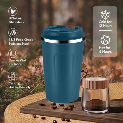 Volhoply 12 oz Double Wall Insulated Vacuum Travel Coffee Mug with Flip Lid Bulk 4 Pack,Reusable Stainless Steel Leak Proof Coffee Cups,Portable Cafe Thermal Tumbler for Hot & Cold Drinks(Bule,4 Set)