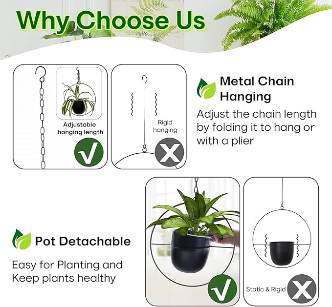 Hanging Planters for Indoor Plants with 5.5" Pot + Ceiling Hook + Extender Chain | Hanging Plant Holder, Metal Minimalist Planter, NO Plant incld