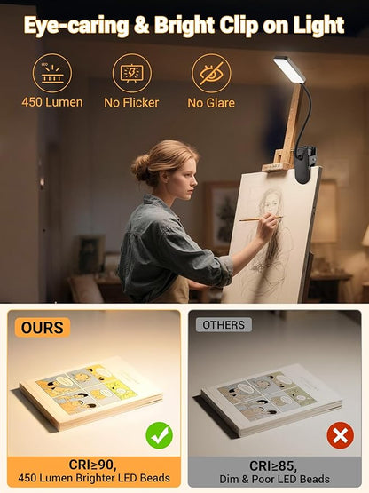Clip on Light,9 Brightness+5 Color Rechargeable Lamp,48 LED Small Desk Lamp | 4000mAh Battery Powered Lamp,450 Lumen Clamp Light, Wireless & Cordless Book Reading Light for Bed/Bedside Table/Bedroom/Dorm