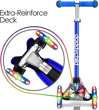 3-Wheel Kick Scooter for Kids Ages 3-8 Lean-to-Steer Toddler Scooter with Extra Wide Light Up Wheels, 4 Adjustable Heights, Foldable Scooters for Boys & Girls, Max Weight 110lbs