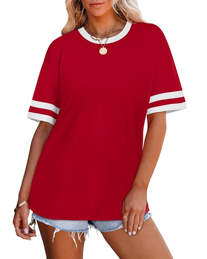 WIHOLL Womens T Shirts Loose Fit Short Sleeve Tees Crew Neck Color Block Summer Tops 2026 Fashion