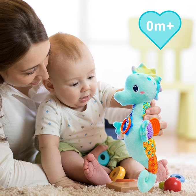 Fuzqq Baby Toys 0-6 Months,Musical Stuffed Animal Plush Toy with Rattle,Soft Newborn Toy for 0 3 6 9 12 Months Girls,Baby Boy Gift,Blue