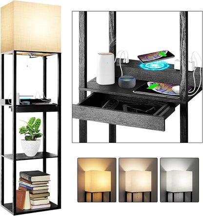 RUNTOP Plus Charging Station Floor Lamp with Wireless Charger, 2 USB-C Port, 2 Power Outlet, Floor Lamp with Shelves, 15W LED Bulb, 3 Colors, Memory Function, Standing Lamp for Living Room Bedroom