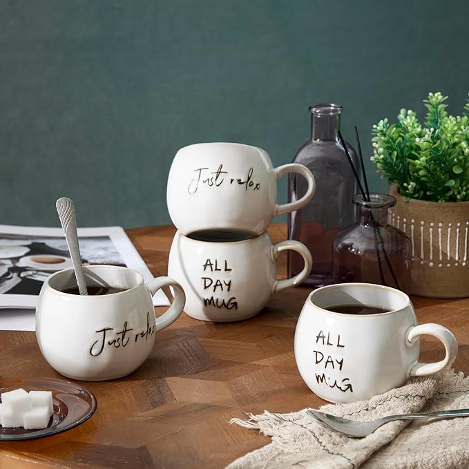 Ceramic Coffee Mugs Set, Just Relax and All Day Design, large capacity heat-resistant handle, Great for Tea Hot Chocolate, Microwave Safe, Modern, Unique Style for Any Kitchen-4pack