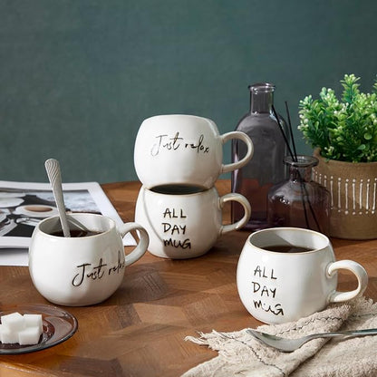 Ceramic Coffee Mugs Set, Just Relax and All Day Design, large capacity heat-resistant handle, Great for Tea Hot Chocolate, Microwave Safe, Modern, Unique Style for Any Kitchen-4pack