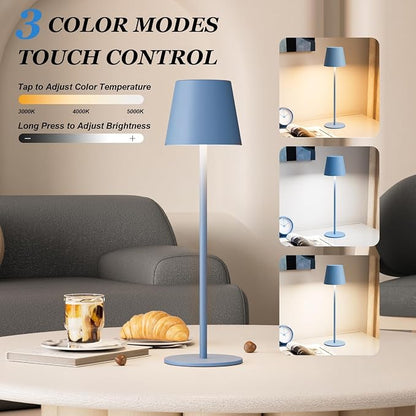Kakanuo Cordless Table Lamp Rechargeable Blue - KK 2 Pack 5000mAH Battery Operated Lamp for Dining Table, 3 Color Stepless Dimming Wireless Lamp for Counter, Outdoor Patio, Touch Control