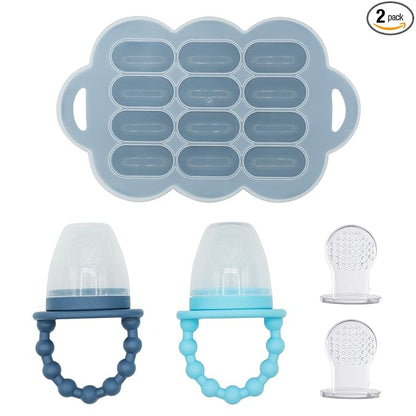 WeeSprout Baby Food Feeder Set - 2 Silicone Feeders & Reusable Freezer Tray with Lid - BPA-Free Fresh Fruit & Veggie Pacifier for Babies & Toddlers - Double as Teething Toys - Dishwasher Safe