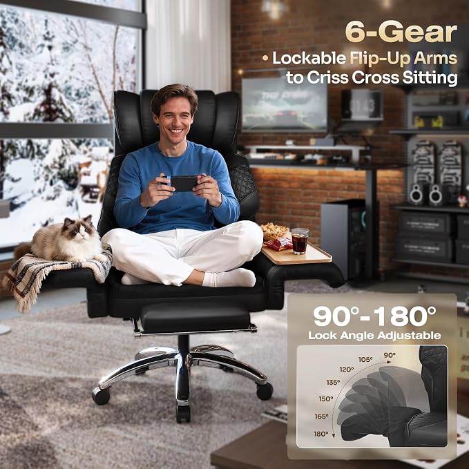 Ergonomic Office Chair with Footrest, Criss Cross Legged Desk Chair with Flip-Up Arms, Wider Thicker Spring Seat, Lumbar Pillow, Pet-Friendly, 500LBS Big and Tall Heavy-Duty Executive Leather Chair