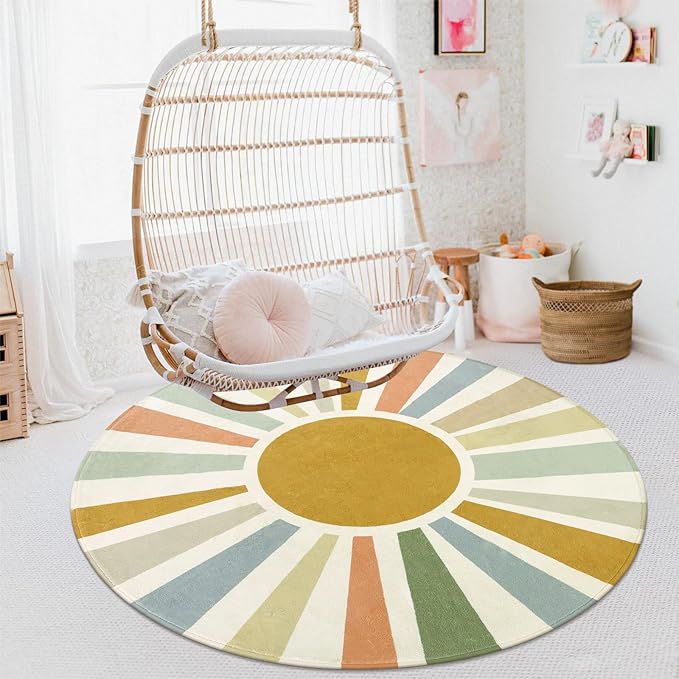 Boho Washable Rug 5 Ft Round Area Rug for Bedroom, Rainbow Circle Kids Rug for Office, Non-Slip Circluar Carpet Soft Sunshine Rug for Dorm Nursery Sofa Living Room Corner