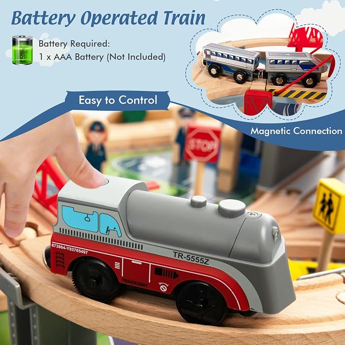 Costzon Train Table, 2 in 1 Kids Activity Table w/Storage Drawer, 100 Multicolor Pieces, Railway, Track, Cars, City, DIY Design, Reversible Tabletop, Gift for Boys Girls, Wooden Train Set (Natural)