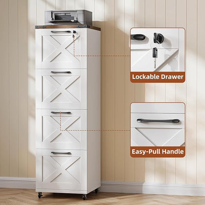 Vabches Vertical Farmhouse Locking Rolling File Cabinet, Office Filing Cabinet with 4 Drawers & Wheels for Hanging Files Letter/A4，Printer Stand for Home Office