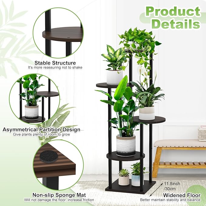 5 Tier Wood Tall Plant Stand Metal Rack Indoor, Multiple Flower Pot Holder Shelves Corner Rack, Round Planter Shelf Display Rack Storage Organizer for Patio Living Room Balcony(Black Oak)